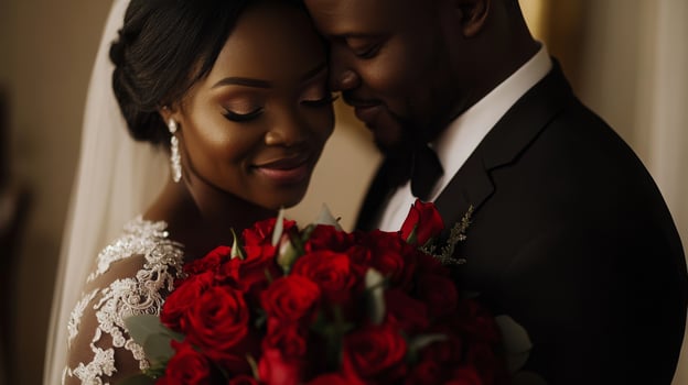 A couple embraces closely, radiating love and happiness. The bride holds a bouquet of vibrant red roses, and they share a serene moment in a softly lit environment, celebrating their union. photo