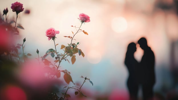 A couple is seen in a tender embrace amidst blooming roses during a beautiful sunset. The soft colors of the sky blend with the vibrant flowers, creating a serene atmosphere. photo