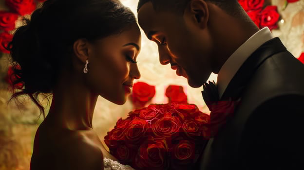 A couple stands close together, gazing into each other's eyes while holding a bouquet of red roses. photo