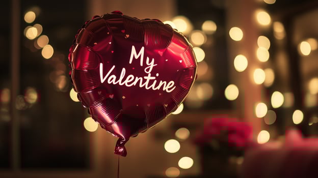 A heart-shaped balloon with the words My Valentine floats in a softly lit room. Warm lights create a romantic atmosphere, perfect for a celebration of love. Pink flowers add charm to the decor. photo