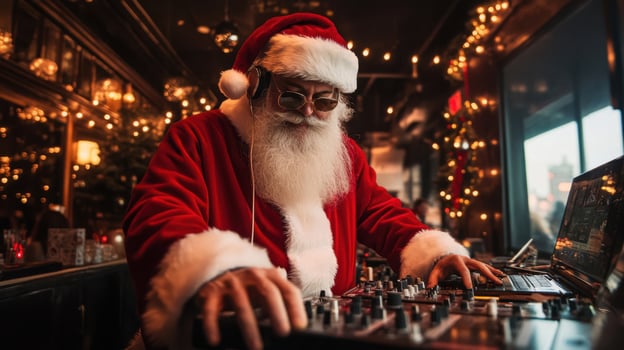 Santa claus dj mixing music at a christmas party photo