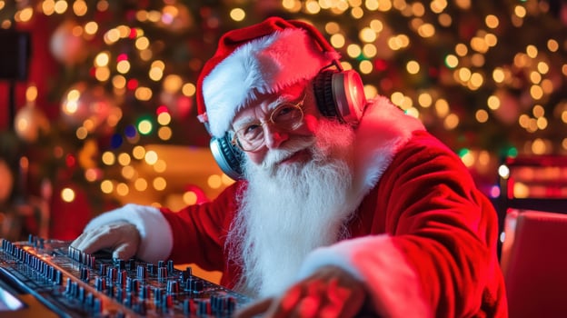 Santa claus wearing headphones and playing music as a dj during a christmas party photo