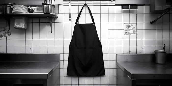 Black apron hanging in a monochrome kitchen. photo