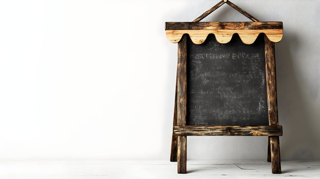 Blank rustic wooden chalkboard sign on easel. photo