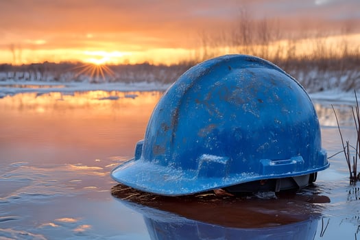 Blue hard hat in icy water at sunrise. photo