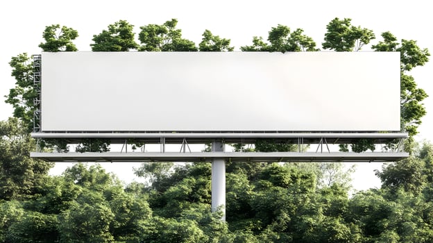 Blank billboard mockup surrounded by lush green trees, isolated on white background. photo