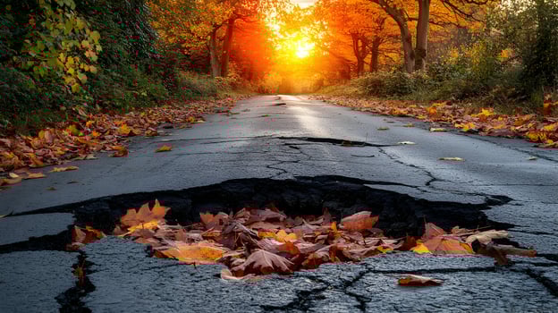 Autumn road with large pothole filled with leaves. photo
