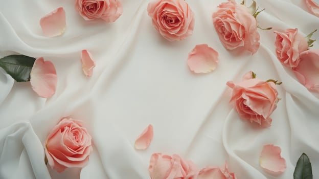 Soft pink roses and petals rest gently on a smooth white fabric. This peaceful display captures the beauty of nature, perfect for various occasions, from weddings to home decor. photo