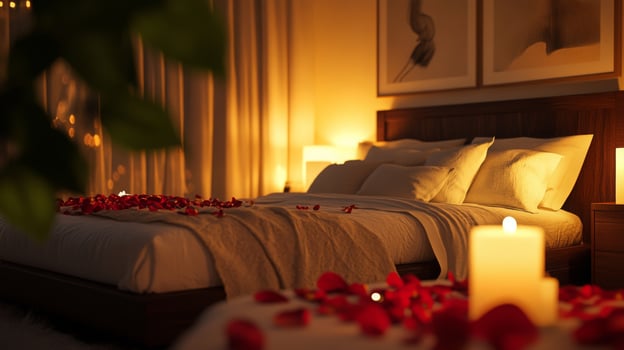 Soft golden light illuminates a cozy bedroom adorned with scattered rose petals and candles, creating a romantic atmosphere. Ideal for a special occasion or intimate celebration. photo