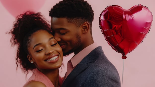 A couple shares a joyful moment, embracing each other with smiles. They are surrounded by pink balloons, capturing a romantic atmosphere during a celebration or special occasion. photo