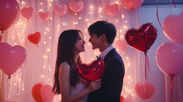 A young couple shares a joyful moment surrounded by heart-shaped balloons and twinkling fairy lights. photo
