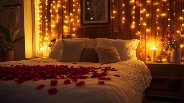 A cozy bedroom features a beautifully arranged bed adorned with rose petals. Soft light from candles and fairy lights creates an intimate atmosphere, perfect for a romantic evening. photo