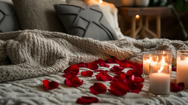 A warm and inviting bedroom setting featuring a bed adorned with a knitted blanket and soft pillows. photo