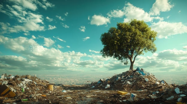 Lonely tree growing on a pile of garbage with city in background photo