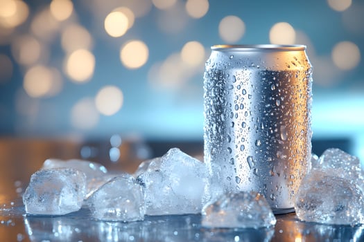 Cold aluminum can with condensation surrounded by ice cubes on reflective surface. photo