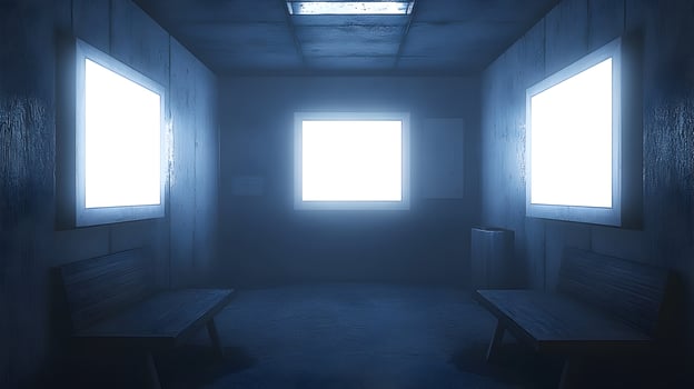 Dark room with illuminated blank frames and benches. photo