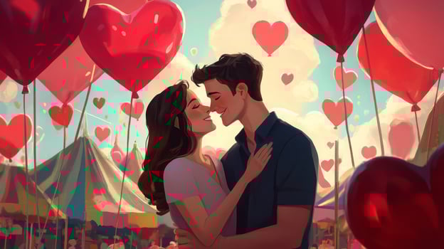 A couple stands closely together, smiling and gazing into each other's eyes amidst vibrant heart-shaped balloons. Festive tents are visible in the background, suggesting a joyful fair atmosphere. photo