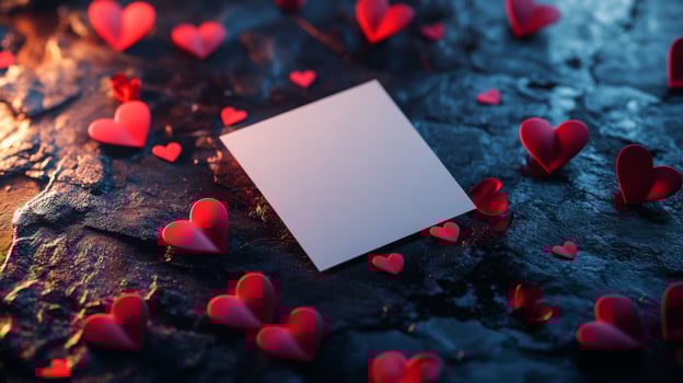 A collection of small red heart decorations surrounds a blank card resting on a dark textured surface, creating a romantic atmosphere ideal for love notes or heartfelt messages. photo