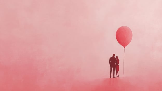 A couple stands closely together, holding a red balloon, surrounded by a dreamy hazy pink background. The atmosphere conveys a sense of love and intimacy in a tranquil moment. photo