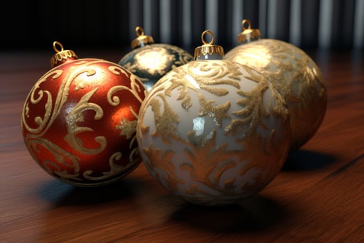 White, red and dark blue Christmas balls on the table. Balls with velvet ornament. photo