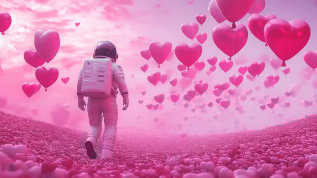 An astronaut walks through a vibrant pink landscape, surrounded by floating heart-shaped balloons. photo
