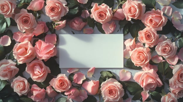 Soft pink roses are beautifully arranged around a blank card on a light surface. Petals in various shades scatter around, contributing to a romantic, elegant atmosphere perfect for any occasion. photo