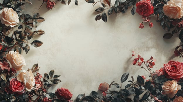 A stunning composition features various roses in shades of red and cream, surrounded by lush green foliage. photo