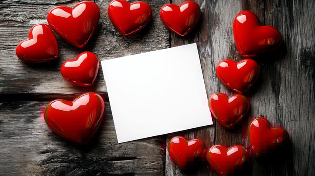 Decorative red hearts are arranged in a circular pattern around a blank square note placed on a dark wooden surface. The vibrant colors contrast with the rustic wood, creating a romantic ambiance. photo