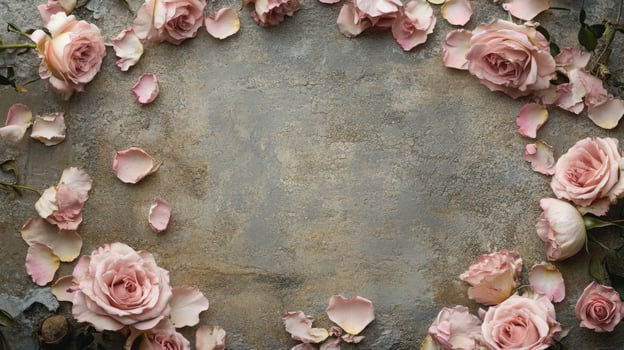 A beautiful arrangement of soft pink roses is placed around a textured surface. Delicate petals scattered around enhance the romantic and natural feel of this floral display, perfect for events. photo