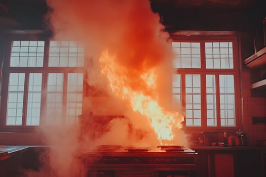 Kitchen fire, flames and smoke engulfing stove. photo