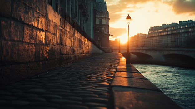 A city street with a bridge and a river photo