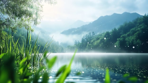 A serene lake surrounded by lush green trees and mountains photo