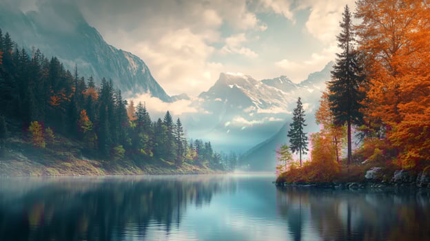 A beautiful mountain landscape with a lake in the foreground photo