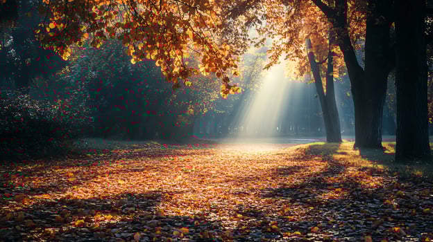 A forest with trees and leaves on the ground photo
