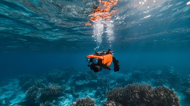 Underwater exploration using a remote-operated submersible in a vibrant coral reef photo