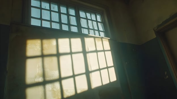 Sunlight streams through a high window in an old, dilapidated building, casting shadows on the wall. photo