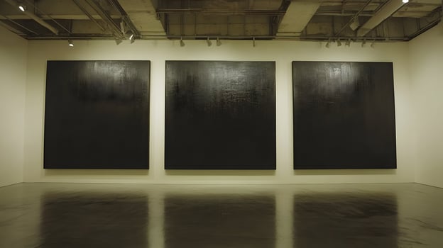 Triptych dark abstract paintings displayed in modern gallery. photo