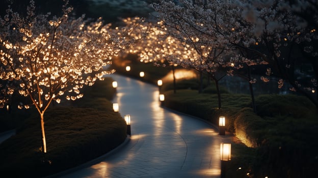 Serene nighttime stroll through a cherry blossom pathway illuminated by soft lantern light photo