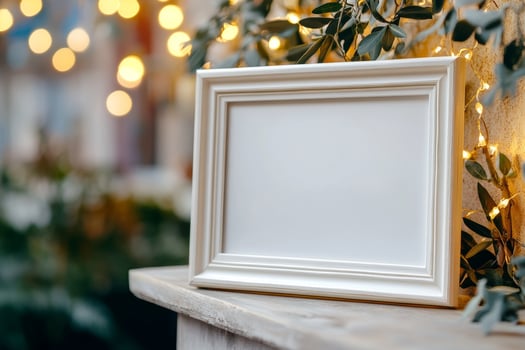 A blank decorative frame on a surface surrounded by soft glowing lights and greenery. photo