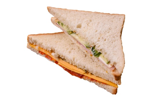 Sandwich with ham, salami, tomatoes, mustard, salt and spices photo