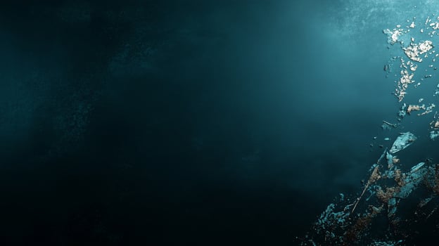 Deep underwater scene showcasing shadows and reflections in a mysterious dark ocean environment photo