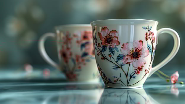 Two coffee cups with floral designs photo