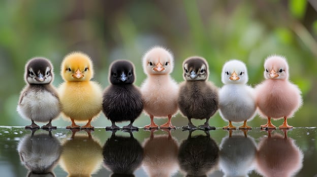 Six cute baby ducklings standing on wet glass surface photo