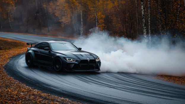 A black car is driving down a road with smoke coming out of its exhaust photo