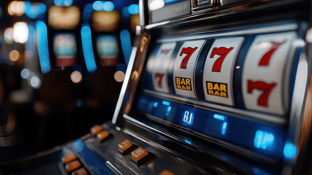 A slot machine with a bar and seven reels photo