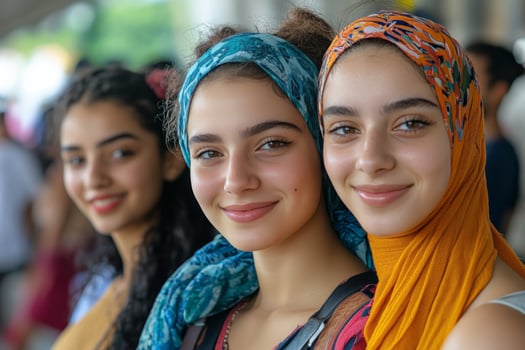 Three young women wearing headscarves photo