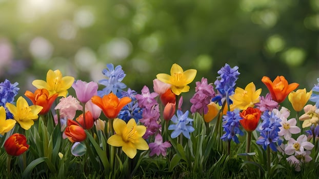 Vibrant Spring Flowers Blooming in Garden Panorama photo