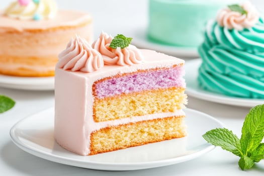 Delicate pastel cakes with turquoise and pink frosting styled with fresh mint leaves on white plates photo