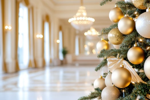 Opulent Christmas tree adorned with golden baubles and soft lights in a luxurious setting photo