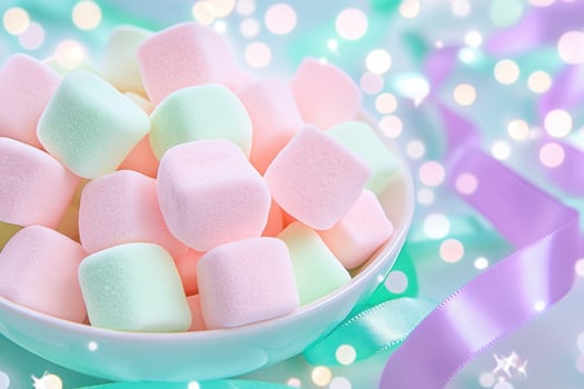 Delicate pastel marshmallows arranged beautifully in a bowl with mint green and lavender ribbons for a delightful celebration photo